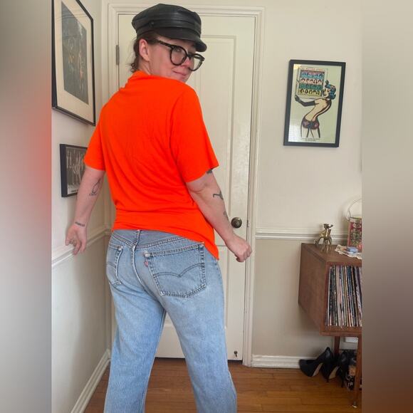 80s Vintage Bright Orange Single Stitch Cotton Poly Blend T Shirt - Sz Large - Picture 2 of 7